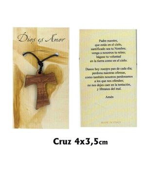 CRUZ MADERA TAU CRISTO GRABADO CON TARJETA